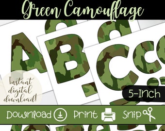 Green Camouflage Bulletin Board Letters | Printable Letter Set for Teachers | DIY Party Signs | Large Letters for Banner | Classroom Decor