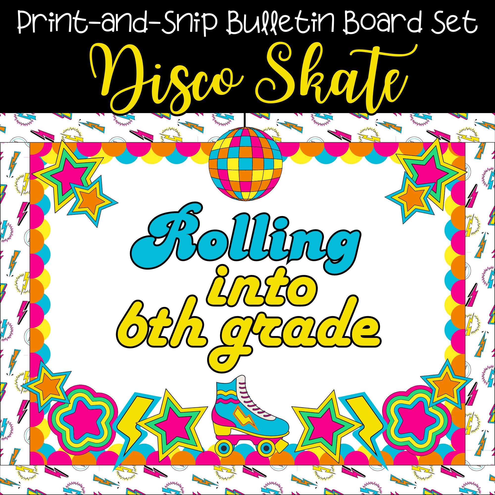 Retro Bulletin Board Kit | Disco Ball & Roller Skate | Printable Back to School Set | Vintage Theme | 80's and 90's Classroom Decor Idea