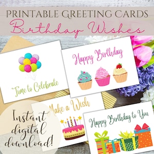 Druckbare Geburtstagsfeierkarten, 3,5 x 5-Zoll-Grußkarten für Geschenkanhänge, mit Luftballons, Geschenken und Cupcakes, einfacher Druck