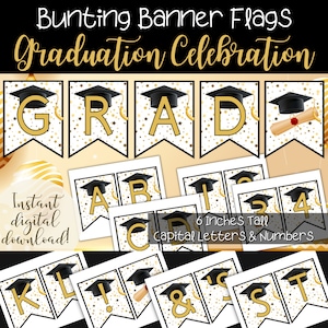 May include: A printable graduation banner with gold letters and stars on a white background. The banner includes the letters GRAD and the numbers 1 through 4. The banner is 6 inches tall and includes capital letters and numbers. The banner is an instant digital download.