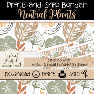 Neutral Boho Plants Bulletin Board Border Strips | Printable Trim for Classroom | Teacher Borders | Plants & Organics Minimalist Class Decor