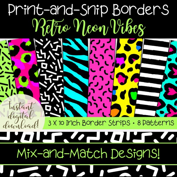 Bulletin Board Borders | Neon Retro Theme Classroom | Printable Border Strips for Teachers | Bright Leopard Print Trim | Bulletin Board Idea