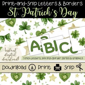Printable St. Patrick&#39;s Day Bulletin Board Set for Teachers, Green 5-Inch Letters and St. Paddy&#39;s Day Borders, Four-Leaf Clover Decorations