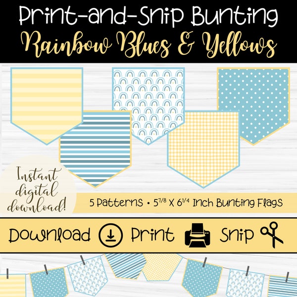 Printable Bunting Banner Flags | Light Blue & Yellow Theme | Boho Rainbow | Rainbow Classroom Theme | Bulletin Board Accessories