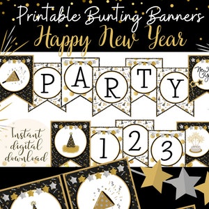 Happy New Year Themed Bunting Flags for DIY Banners and Signs, New Year&#39;s Eve Celebration Party Decorations in Black and Gold, January First
