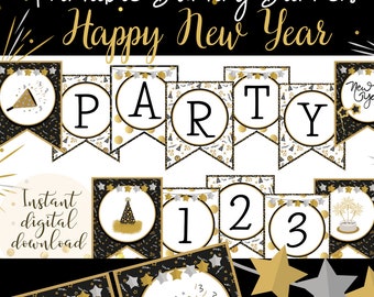 Happy New Year Themed Bunting Flags for DIY Banners and Signs, New Year's Eve Celebration Party Decorations in Black and Gold, January First
