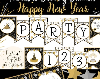 Happy New Year Themed Bunting Flags for DIY Banners and Signs, New Year's Eve Celebration Party Decorations in Black and Gold, January First