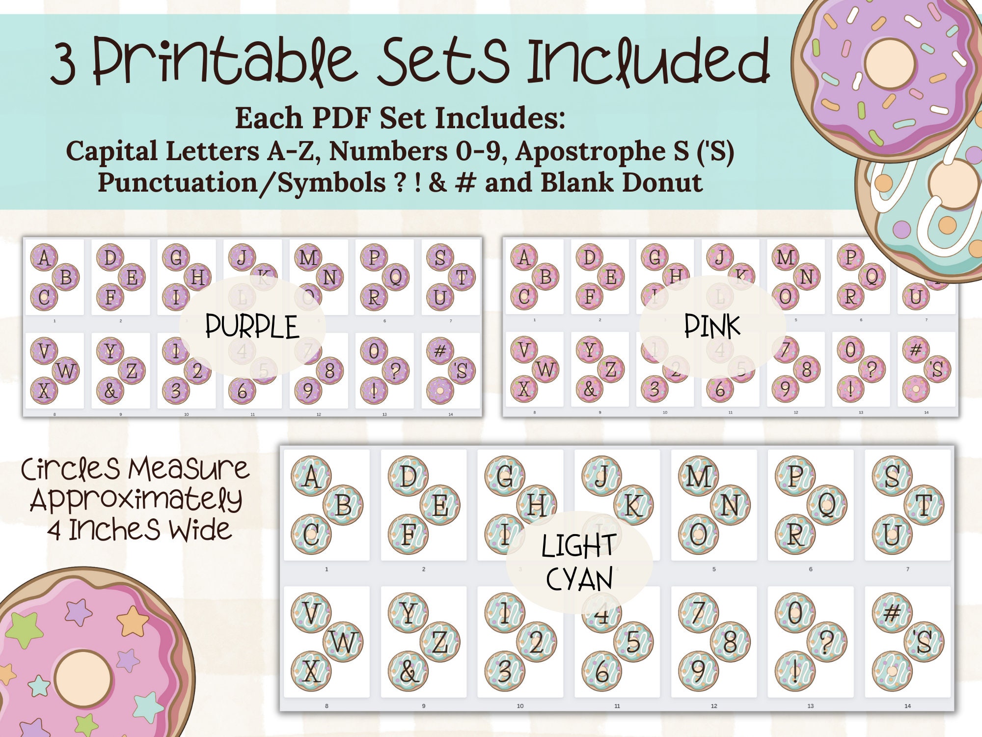 Printable Donut Letter Sets 4 Inch Circles in Pink Purple - Etsy