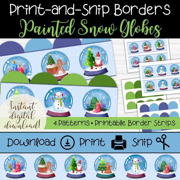 Snow Globe Bulletin Board Borders | Printable Christmas Borders for Teachers | Green & Blue Scalloped Borders | Painted Winter Snow Globes