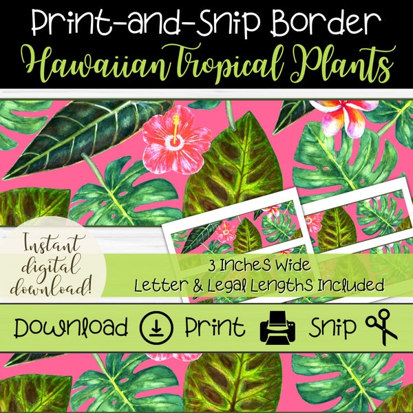 Printable Bulletin Board Border in Hawaiian Tropical Plants Theme, Vivid Pink and Green Classroom Decor, DIY Jungle Party Signs and Banners