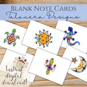 Tarjetas de notas de Talavera mexicana / Tarjetas de felicitación imprimibles / Tarjetas de notas en blanco / Gráficos de cerámica española / Colores brillantes de Talavera / Sol y cactus