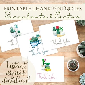 Notes de remerciement pour plantes succulentes et cactus | Cartes sur le thème des plantes | Notes de remerciement imprimables | Téléchargement instantané | de correspondance de gratitude | Merci