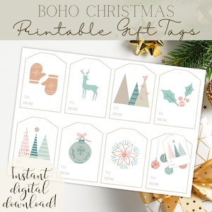Boho Christmas Wydrukowane Wypełniane Etykiety Prezentowe Do Paczek i Przysmaków Świątecznych, Boho Kolorystyka, Druk Na Żądanie, Nieograniczona Ilość Etykiet Prezentowych
