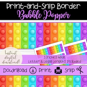 Puede incluir: Borde imprimible con un patrón de arcoíris de juguetes pop-it. El borde tiene 7,6 cm de ancho e incluye longitudes de carta y legal. El texto "Print-and-Snip Border Bubble Popper" está en la parte superior de la imagen. El texto "Instant digital download!" está en la esquina inferior izquierda. El texto "Download Print Snip" está en el centro inferior de la imagen.