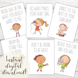 May include: A collection of six white cards with inspirational quotes and illustrations. Each card features a different cartoon child playing a musical instrument, such as a flute, guitar, or maracas. The phrase "Instant digital download!" is also visible.