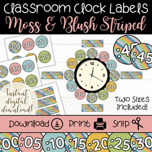 May include: Classroom clock labels in two sizes with a striped design in shades of pink, yellow, blue, and green. The labels include numbers from 00 to 55 and phrases like "quarter to", "quarter past", and "half past".