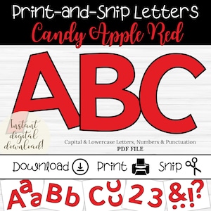 Może przedstawiać: Cyfrowe pobieranie czerwonych liter, cyfr i znaków interpunkcyjnych "Candy Apple Red". Obraz wyświetla litery ABC pogrubioną czcionką, ze słowami "Print-and-Snip Letters" na górze. Zawiera wielkie i małe litery, cyfry i znaki interpunkcyjne.