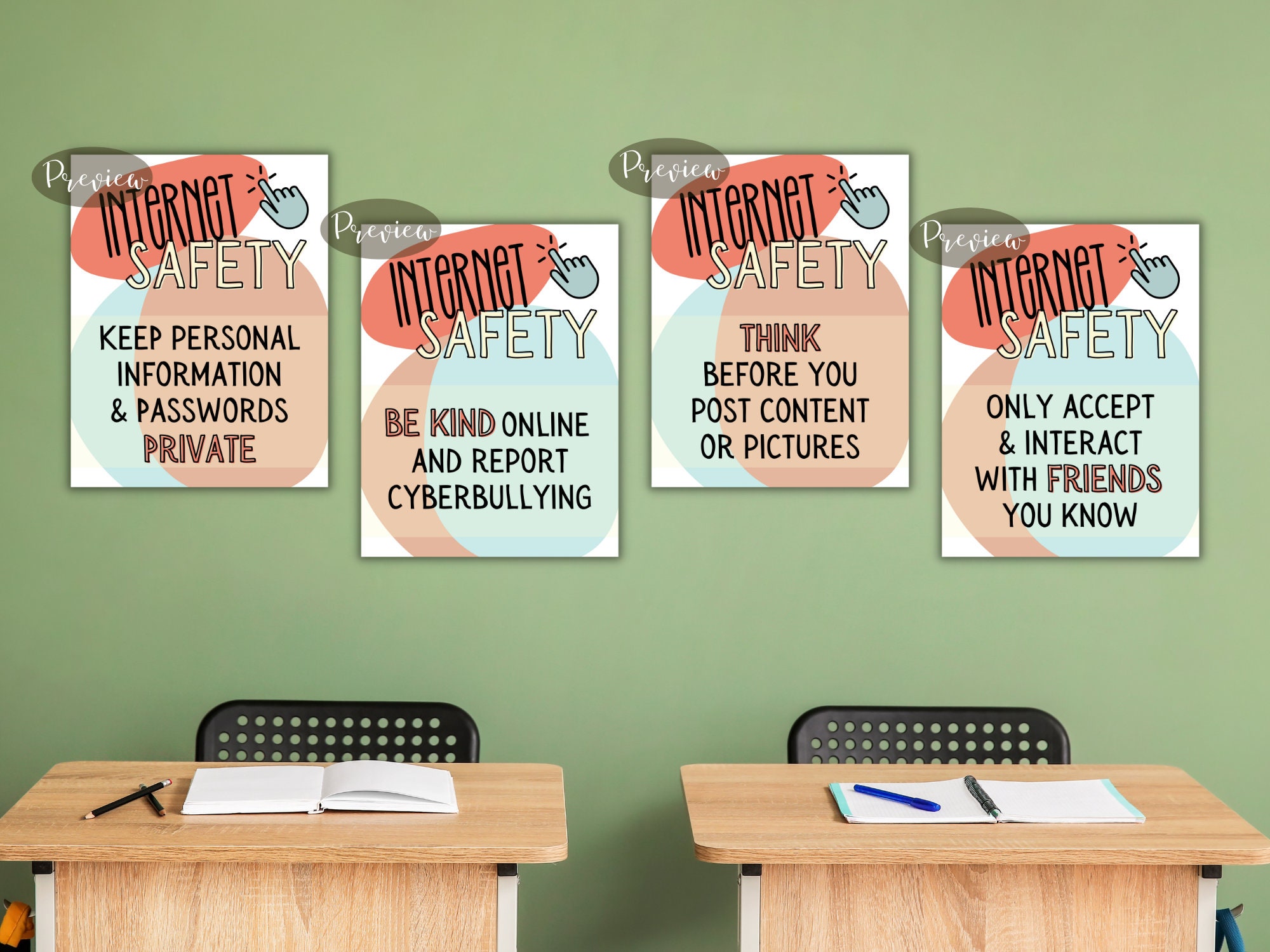 Internet Safety Classroom Poster Set Neutral Minimalist Prints 