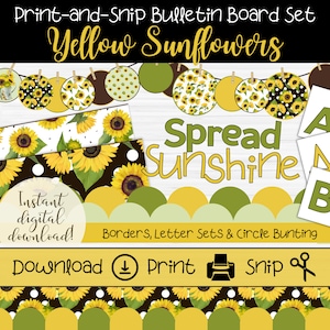 Sonnenblumen Pinnwand Set | Druckbare Rahmen zum Thema Sonnenblume | Gelbe & Grüne Buchstaben | Blumen Pinnwand Thema | Runde Wimpelkette