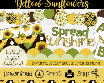 Sunflower Bulletin Board Set | Printable Sunflower Themed Borders | Yellow & Green Letters | Floral Bulletin Board Theme | Round Bunting