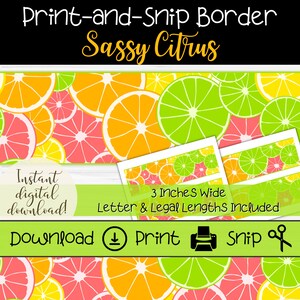 Może przedstawiać: Cyfrowe pobieranie "Print-and-Snip Border" z motywem "Sassy Citrus". Projekt zawiera ilustracje owoców cytrusowych w odcieniach pomarańczu, różu i zieleni. Obramowanie ma szerokość 7,6 cm i zawiera długości listów i legalnych.