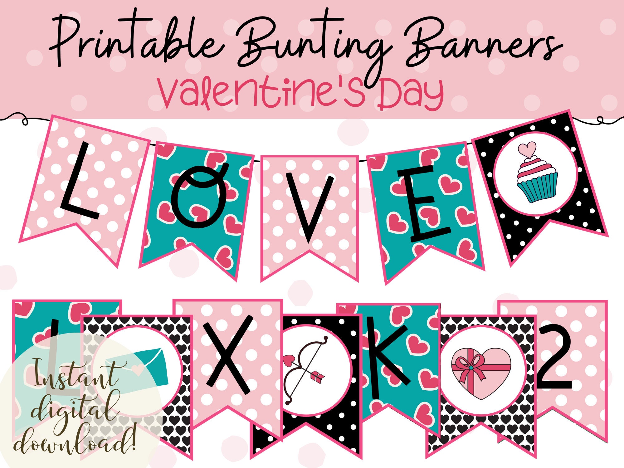 Valentine s Day Printable Bunting Banner Flags February Etsy