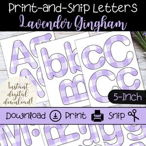 Cartas de quadro de avisos imprimíveis em guingão lavanda, conjunto de cartas impressas e cortadas de 5 polegadas para professores, placas de festa DIY e banners de primavera