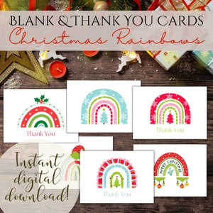 Notas de agradecimento de Natal para impressão | Cartões de Natal em branco | Arco-íris de Natal Boho | Saudações festivas | Ideia de presente de inverno | Mini cartões
