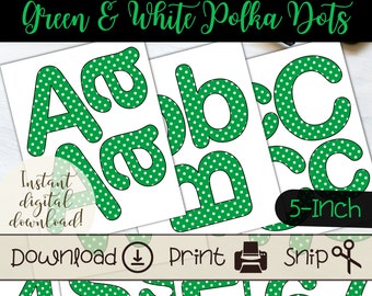 Printable Bulletin Board Letters in Green with White Polka Dots, Classroom Letter Set for Displays, Signs, and DIY Holiday Banners