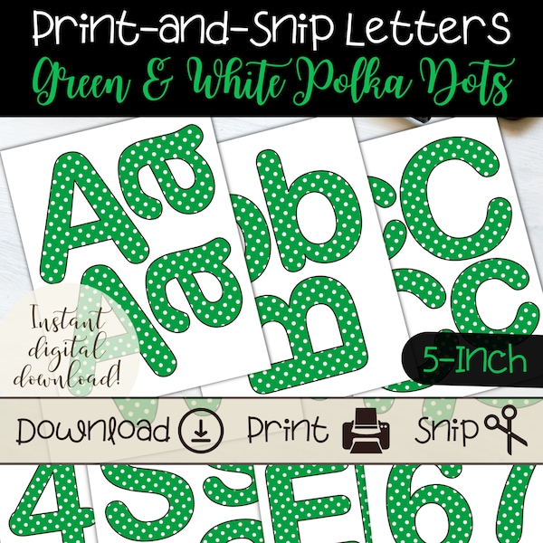Printable Bulletin Board Letters in Green with White Polka Dots, Classroom Letter Set for Displays, Signs, and DIY Holiday Banners