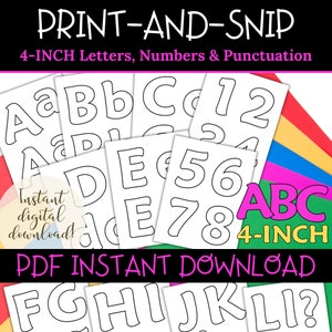 Letras para tablones de anuncios imprimibles de 4 pulgadas, contorno en tinta negra, juego de letras para profesores para carteles, carteles para puertas y pancartas, alfabeto imprimible en PDF