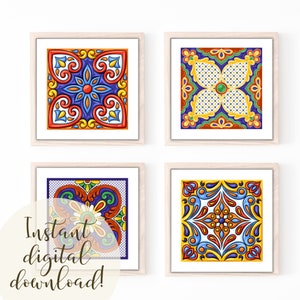 Stampe digitali di piastrelle Talavera messicane / Arte murale di piastrelle spagnole dai colori vivaci / Arte murale stampabile / Piastrelle spagnole uniche / Stampa Talavera