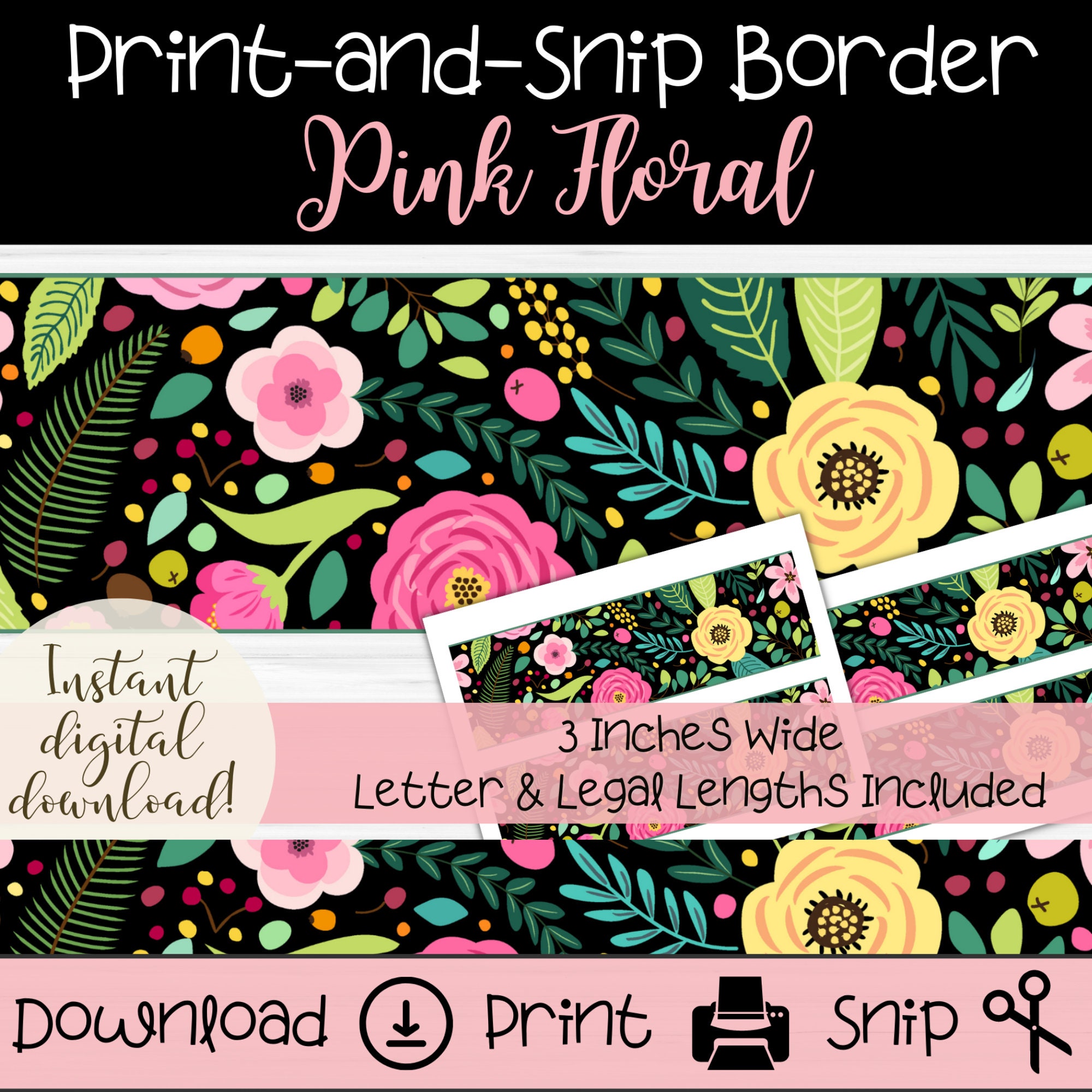 Pink Floral Bulletin Board Border: Teacher Classroom Decor (digital ...