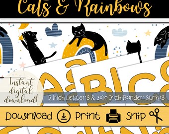 May include: Printable alphabet letters and border strips featuring cats and rainbows. The letters are 5 inches tall and the border strips are 3 inches by 10 inches.  The letters are yellow and the border strips are blue and yellow.