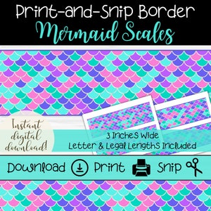 May include: Printable mermaid scale border for crafts. The design features a repeating pattern of turquoise, purple, and pink scales. The border is 3 inches wide and comes in letter and legal sizes. Download, print, and snip to create a fun and festive border.