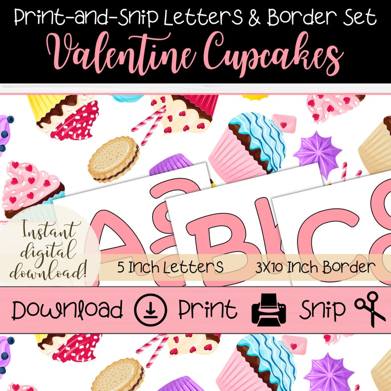 Valentine Cupcakes Printable Pink Bulletin Board Letters and - Etsy