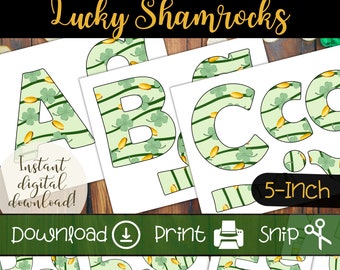 Printable St. Patrick&#39;s Day Bulletin Board Letters, Lucky Shamrocks and Gold Coins Pattern, Classroom Displays and March Holiday Party Decor