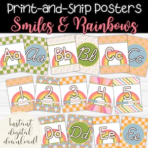Carteles de alfabeto y números para el aula / Letras impresas y cursivas / Decoraciones de pared de arco iris imprimibles / Aprendizaje primario y preescolar