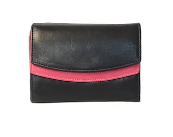 May include: A black leather wallet with a pink leather trim. The wallet has a fold-over closure.