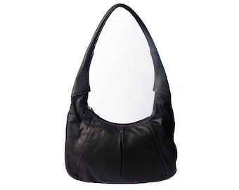 Black Leather Hobo Bag With Front Pleat