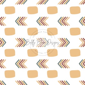 May include: A seamless pattern featuring a repeating design of abstract arrows in shades of brown, green, and teal, and rounded rectangles in a light beige color. The pattern is set against a white background. The text "Seamless Patterns" and "Boldly Bloom Designs" is included in the design.
