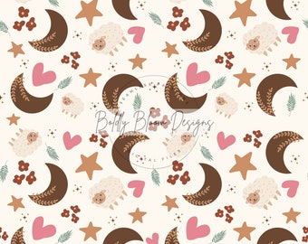 Boho Moon and Sheep Seamless Pattern, Boho nursery, boho girls pattern, boho seamless, boho moon and stars, boho hearts, moon seamless, boho