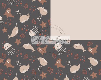 Boho Underwater Seamless Pattern with Matching Solid, Sea Life Seamless Pattern, Ocean Seamless, Narwhal, Jellyfish, Sea Animals Seamless,