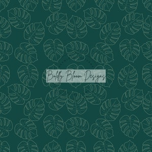 May include: Seamless pattern featuring a repeating design of monstera leaves in a light beige outline on a dark teal background. The text "Boldly Bloom Designs" is displayed in a white rectangle.