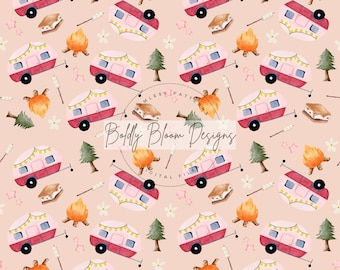 Camping Seamless Pattern, Pink Camping Seamless Pattern, Glamping Seamless, Girl Camper seamless file, Girl Camping Seamless File