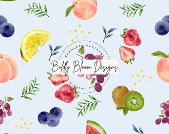 Blue Watercolor Fruit Seamless Pattern, Fruit Seamless Patterns, Fruit Seamless, Summer seamless file, Watermelon, Cherry, Peach, Lemon