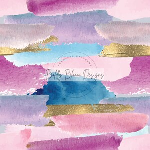 Könnte beinhalten: Nahtloses Aquarellmuster mit abstrakten Pinselstrichen in Rosa, Lila, Blau und Gold. Das Design enthält den Text "Boldly Bloom Designs" und "Seamless Patterns Digital Files".