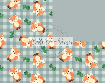 Woodland Fox Pattern, Blue Checkered Seamless Pattern,  Fox Seamless, Woodland Nursery, Woodland Animals Seamless, Woodland Seamless