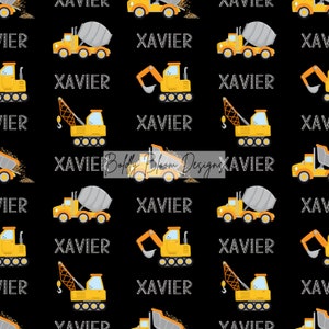 May include: A black and yellow seamless pattern featuring various construction vehicles, including a cement mixer, excavator, crane, and dump truck. The name "XAVIER" is repeated throughout the pattern.