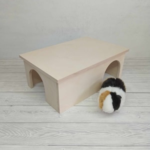 Op de afbeelding: Een licht houten schuilplaats met twee tunnels voor kleine huisdieren, zoals hamsters of cavia's. De schuilplaats heeft een plat dak en twee gebogen ingangen.